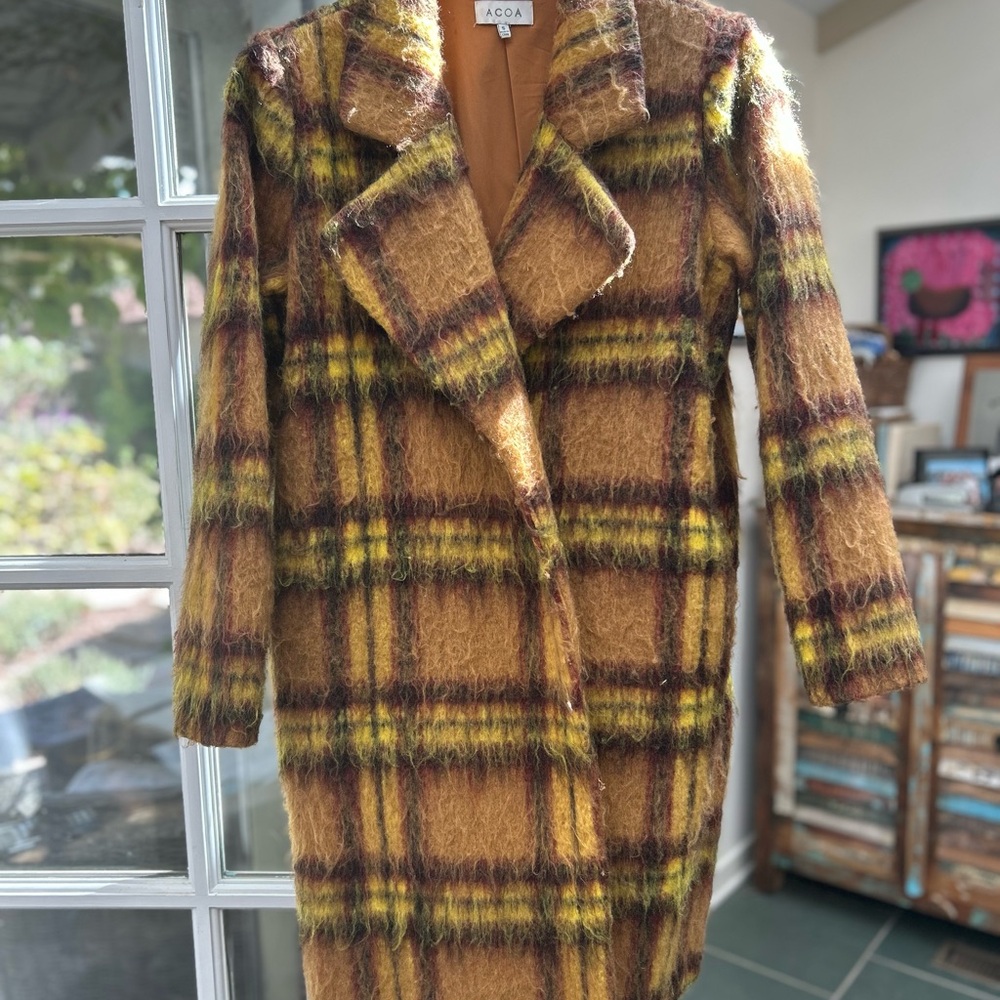 ACOA Women's Yellow Plaid Pea Coat